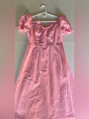 Pink Puff-Sleeve Midi Dress - Romantic Square Neck
